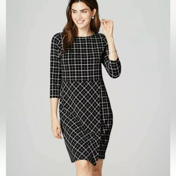 J Jill Wearever Collection Windowpane Sheath Black Dress Womens L Faux Wrap NWT - Picture 2 of 11